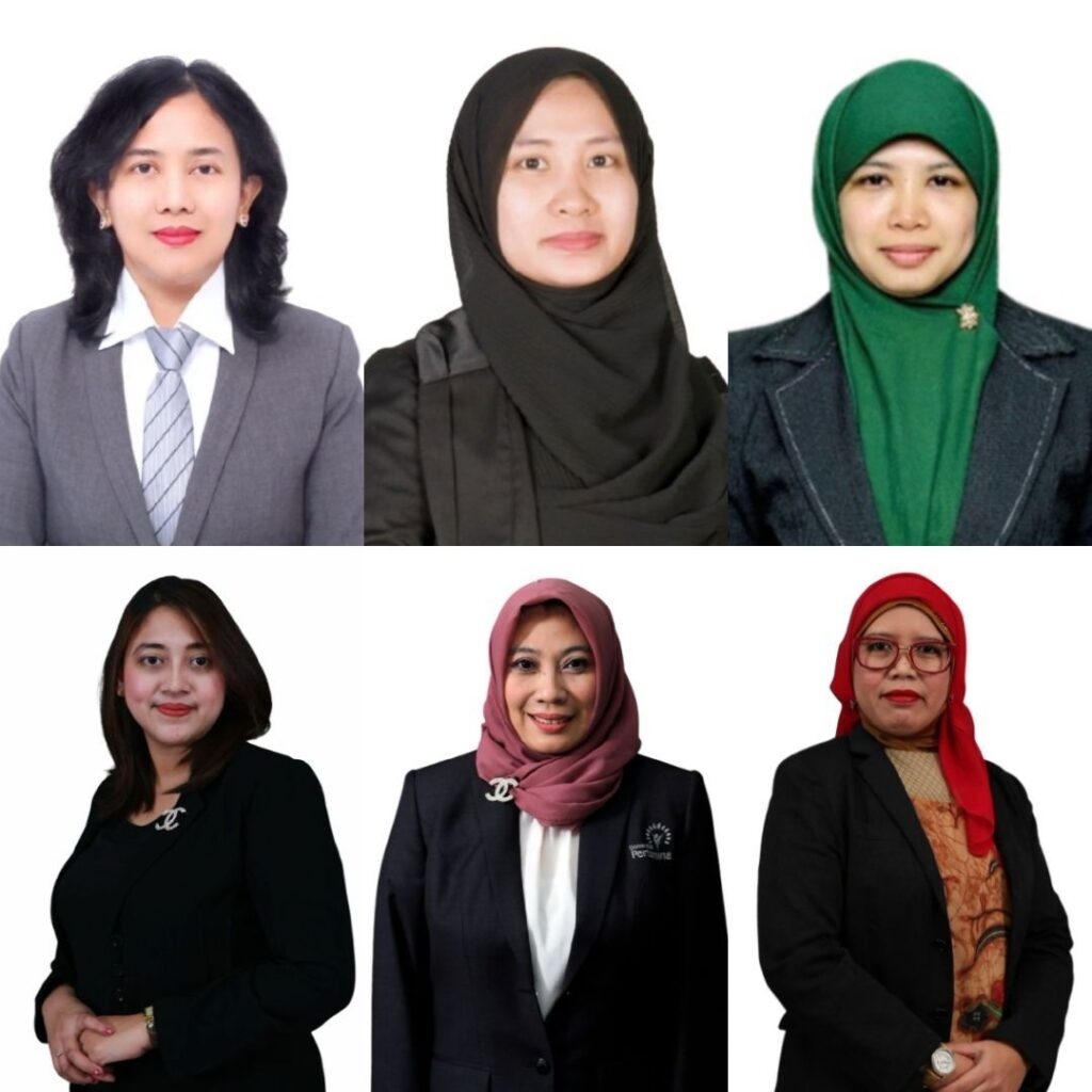 Top row (left to right): Dr. Dumex Sutra Pasaribu, Dr. Nonni Soraya Sambudi, and Dr. Nila T. Berghuis, S.Si., M.Si. Bottom row (left to right): Assoc. Prof. Dr. Eng. Ir. Mega Mutiara Sari, S.T., M.Si., CSDS., CSRS., Dr. Ir. Farah Mulyasari, S.T., M.Sc., and Eka Puspitawati, Ph.D. (Photo: UPER Documentation)