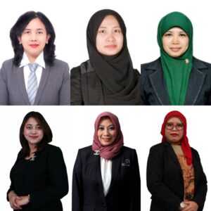Top row (left to right): Dr. Dumex Sutra Pasaribu, Dr. Nonni Soraya Sambudi, and Dr. Nila T. Berghuis, S.Si., M.Si. Bottom row (left to right): Assoc. Prof. Dr. Eng. Ir. Mega Mutiara Sari, S.T., M.Si., CSDS., CSRS., Dr. Ir. Farah Mulyasari, S.T., M.Sc., and Eka Puspitawati, Ph.D. (Photo: UPER Documentation)